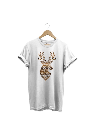 Avcılık Mozaik Desenli Geyik Tasarım Baskılı %100 Pamuk Regular Fit Bisiklet Yaka Premium T-shirt Beyaz