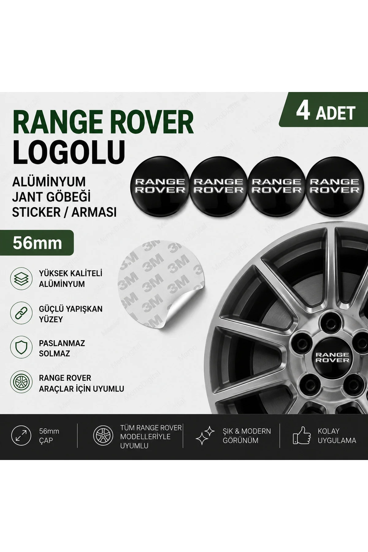 Range Rover Uyumlu Alüminyum Jant Göbeği Arması Sticker 56mm - 4 Adet