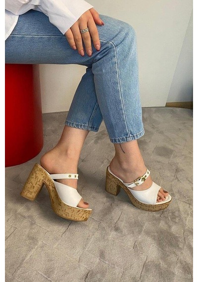 Asmi Shoes Kadın Tena Mantar Taban Platform Topuklu Terlik 10 Cm Snd456 Beyaz Beyaz
