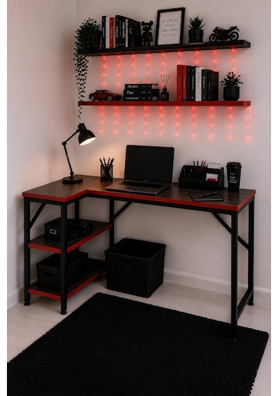 Siyah/kırmızı L Masa, Kitaplıklı, Raflı, 120 Cm Çalışma Masası, Bilgisayar, Pc, Oyuncu, Gaming Masası Metal Ayaklı
