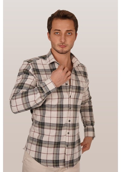 Krem Oduncu Slimfit Erkek Gömlek Krem