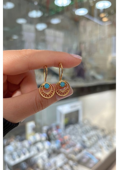 Gümüş Mavi Taşlı Telkari Yeni Küpe Sarı