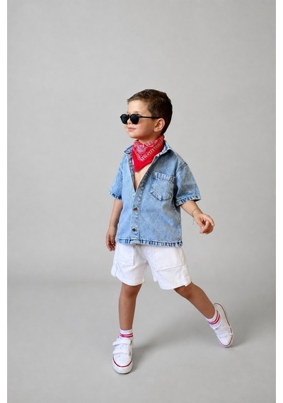 Eray Alp Kids Erkek Çocuk Mavi Kot Gömlek Beyaz Cepli Şort Takımı Günlük Rahat Kombin