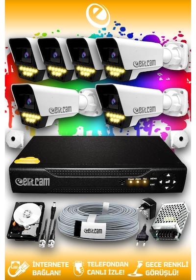 Elitcam 6 Kameralı Süper 6 Dış Kamera Set 500 GB 5 MP 2K Net Renkli Gece Görüşlü Güvenlik Kamerası Sistemi