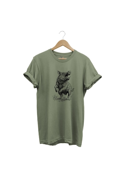 Avcılık Hunter Domuz Avcılığı Baskılı %100 Pamuk Regular Fit Unisex T-shirt Haki