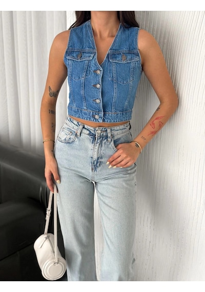 Ertaştrendstore Kot Jeans Kadın Yelek - Mavi Çok Renk