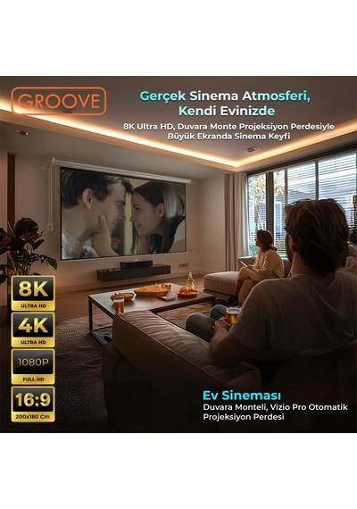 Groove Vizio Pro 200x180cm Blackout Işık Geçirmez Elektrikli Otomatik Kumandalı Projeksiyon Perdesi +motorlu+canlı Renkler+göz Koruması+leke Tutmaz Projector