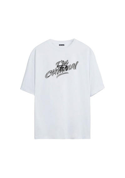 Thewert Unisex Criminal Baskılı Beyaz Oversize Tshirt