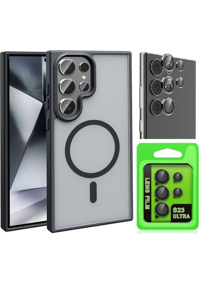 Vendas Samsung Uyumlu Galaxy S23 Ultra Kılıf M-safe Şarj Özellikli Mat Arka Yüzey Zore Sio Kapak + Kamera Lens Koruyucu Siyah