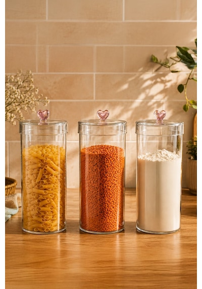 Porsima Hearts 3lü 1150 Ml Borosilikat Cam Kavanoz Seti Saklama Kabı Takımı 10x18cm Şeffaf