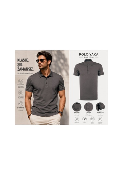 Luxic Core Erkek Polo Yaka Füme Tişört Likralı Pike Kumaş Terletmez Slim Fit Günlük Şık Tasarım