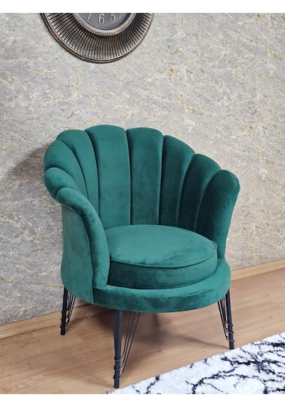 Zafir Tekli İstiridye Siyah Boyalı Telli Ayak Çay Seti Koltuk Tekli Berjer , Balkon, Salon, Ofis Yeşil