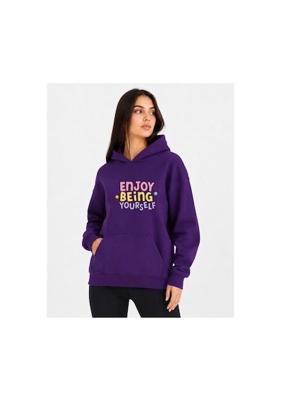 Herkesemoda Enjoy Being Baskılı Kapüşonlu 2 İplik Şardonlu Sweatshirt Mor