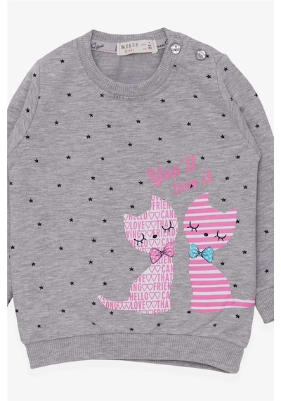 Breeze Kız Bebek Sweatshirt Mutlu Kedicikler 4 Ay-1.5 Yaş, Gri Melanj-gri Melanj Gri Melanj
