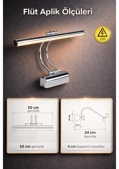 Merwish Flüt Led Aplik 50 Cm Duvar Aydınlatma 6500k Beyaz Işık Kablo Bağlantılı 220v Modern Tasarım Krom