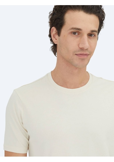 Kip Ekru Düz Bisiklet Yaka %100 Pamuk T-shirt Ekru