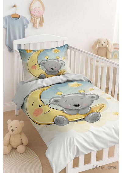 Yenidoğan Kız / Erkek Unisex Bebek Nevresim Takımı %100 Pamuklu Aydaki Ayıcık Çok Renkli