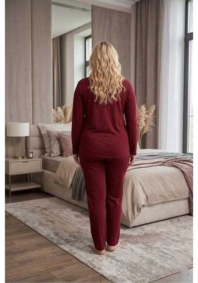 Eyfuze Kadın Büyük Beden Desenli Yakası Düğmeli Uzun Kollu Bambu Pijama Takımı Bordo
