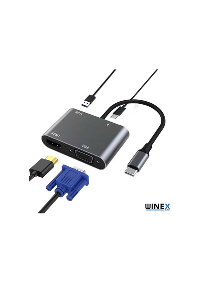 Winex 4In1 Type-C To Hub Pd 65W Hdtv Vga Usba Dönüştürücü Adaptör