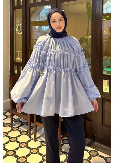 Unika Boutique Mini Çiçekli Kadın Tesetettür Gömlek Mavi