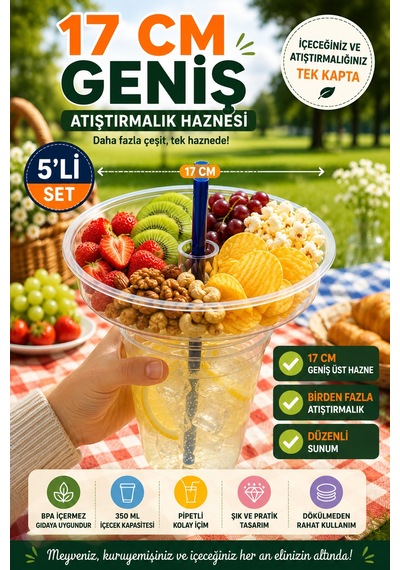 5'li Set Atıştırmalık Hazneli Bardak 350 Ml Pipetli Pet Piknik Sinema Parti İçecek Bardağı Seti 17 Cm Şeffaf