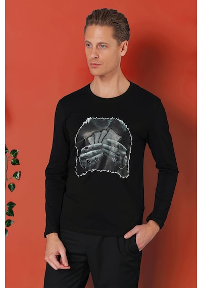 Efor Slim Fit Baskılı Bisiklet Yaka Esnek Pamuk Siyah Tişört Ts 868 Siyah
