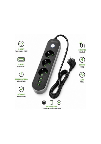 3 Usb Portlu 3 Lü Topraklı Uzatma Priz 3 Metre Kablolu Açma Kapama Anahtarlı 2500w 10a 250v Akıllı Şarj Otomatik Akım Ayarlı Pc Abs Çoklu Priz E103 Siyah