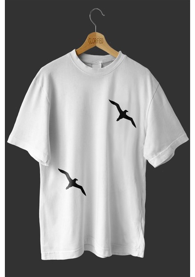 Noıssey -wed Albatroz Kuşları Tasarım Baskılı Oversize T-shirt Tişört Beyaz