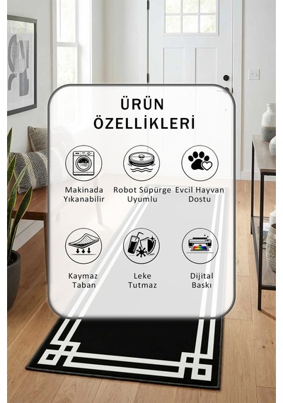 Çerçeve Klasik Siyah Yıkanabilir Yolluk