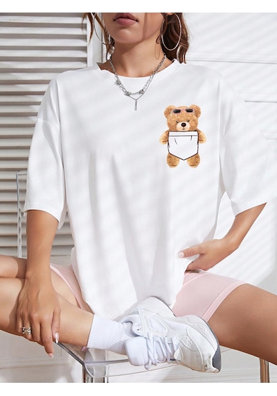 Ayı Cep T-shirt - Beyaz Baskılı Oversize Bisiklet Yaka Kısa Kol Tişört Beyaz