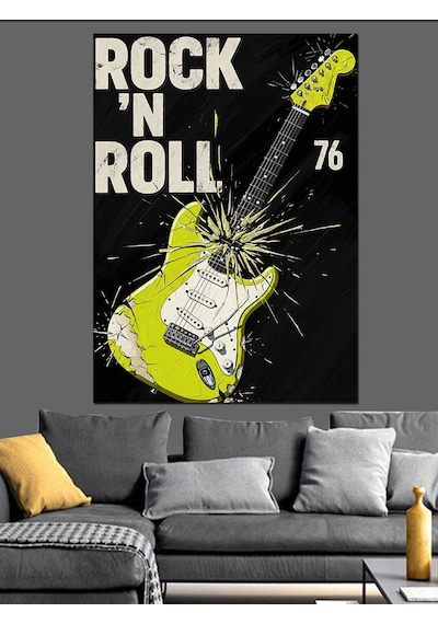 Ahşap Tablo Neon Yeşil Elektrogitar Rock'n Roll Afişi