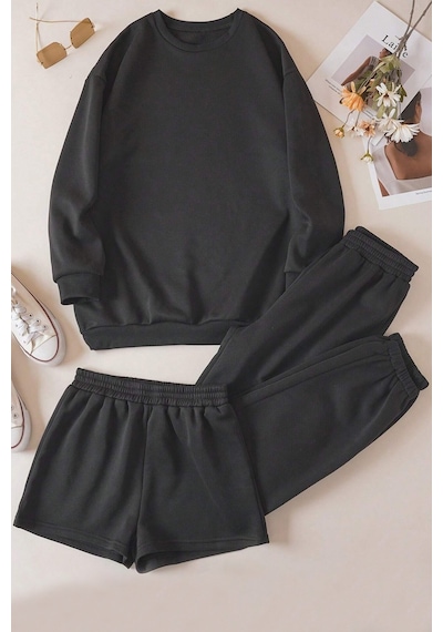 Uyguntarz 3'lu Sweat Short Eşofman Altı Takım Siyah