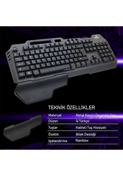 Gaming Klavye Mekanik Hisli Bilek Destekli Kablolu Rainbow Işıklı Oyuncu Klavye