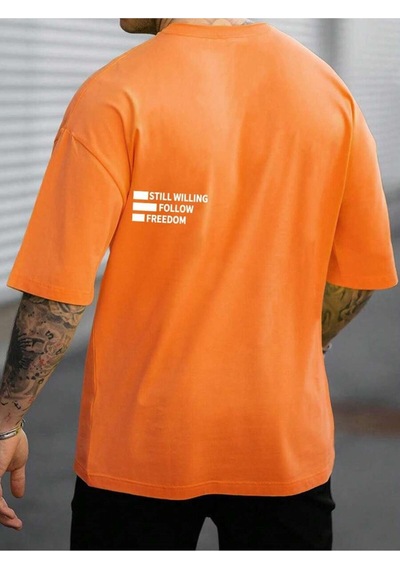 Flood Of Style Unisex Oversize Follow Freedom Baskılı T-shirt Turuncu