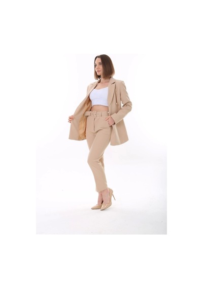Kadın Düğmeli Blazer Ceket Kemerli Pantolon Dokuma Atlas Kumaş Takım Elbise - Saks Mavi Kadın Düğmeli Blazer Ceket Kemerli Pantolon Dokuma Atlas Kumaş Takım Elbise - Saks Mavi