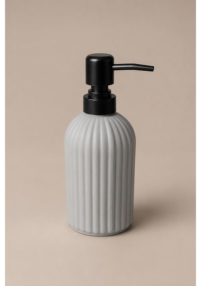 Vovy Çizgili Cam Sabunluk 500 Ml Siyah Pompalı Modern Sıvı Sabun Ve Deterjan Dispenseri - 18,5 Cm X 7 Cm Açık Gri