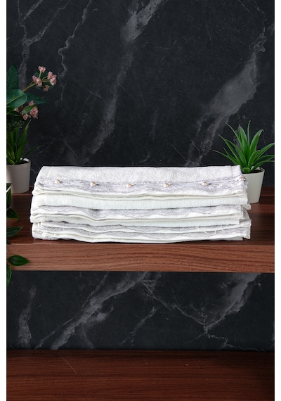 % 100 Pamuklu Kadife Güpürlü İnci Işlemeli 6 Lı Çeyizlik El Yüz Havlu Seti - 30x50 Cm - 04466 - Gri Gri