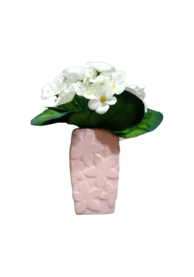 Vazoda Beyaz Yapay Çiçek Dekoratif Çiçekli Pembe Vazo Dahil 7 x 7 x 17 CM