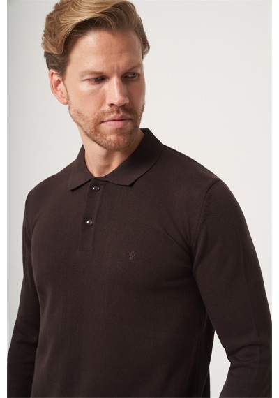 İmza Kahverengi Polo Yaka Uzun Kol Örme Comfort Fit Pamuklu Kazak 1012265150