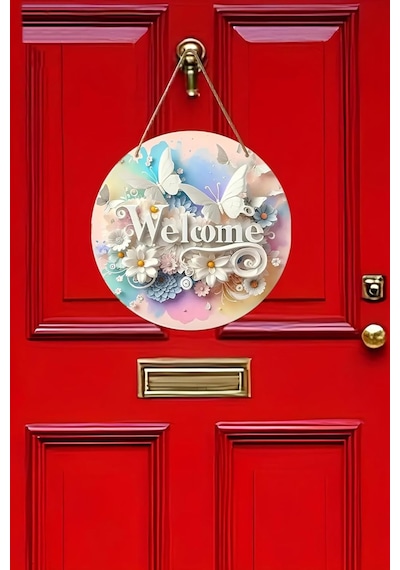 Kututr Çiçek Ve Kelebek Temalı Uv Baskı 3d Görünümlü Mdf Kapı Süsü Welcome Yazılı 33 Cm Ks009,çok Renk Çok Renkli