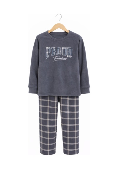 Free Beka Erkek Lacivert Ekose Desenli Uzun Kollu Baba-oğul Polar Kumaş Kışlık Kalın Pijama Takımı Gri