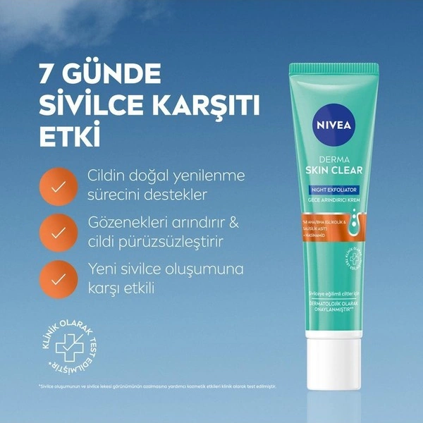 Derma Skin Clear Exfoliator Gece Arındırıcı Krem 40ml, Karşıtı, Niasinamid, Karma Ciltler