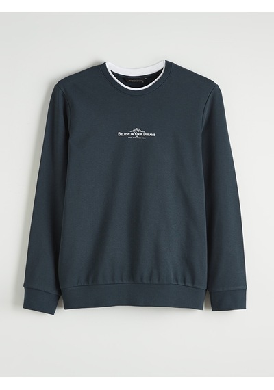 Lcwaıkıkı Classic Petrol Bisiklet Yaka Baskılı Erkek Sweatshirt