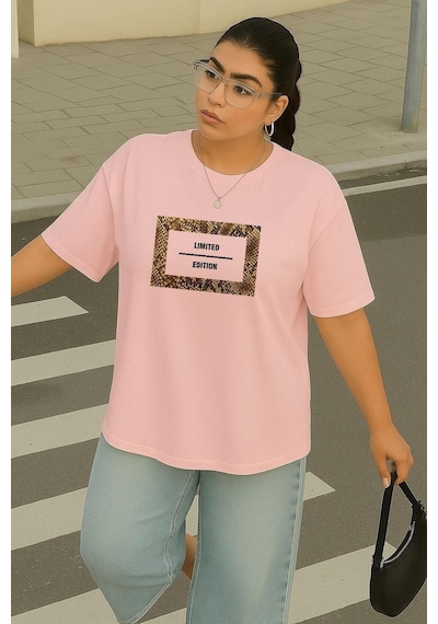 Büyük Beden Lımıted Edıtıon Baskılı Unisex Tişört Pembe