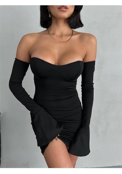 Dip Moda Kadın Siyah Volanlı Mini Kol Fırfırlı Elbise Dpnbdf094 Siyah