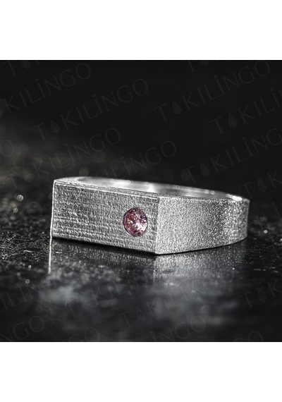 Takılingo 925 Ayar Gümüş Pembe Zirkon Taşlı Sade Erkek Yüzük Gümüş