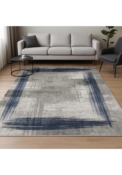 Gri Zemin Mavi Çerçeve Modern Halı Dekoratif Kilim Gri