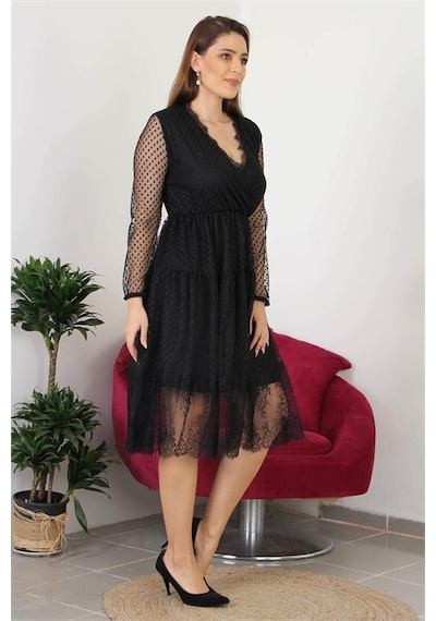 Neşeli Butik Kadın Kruvaze Yaka Eteği Güpür Detaylı Yeni Sezon Elbise Apcx10 Siyah