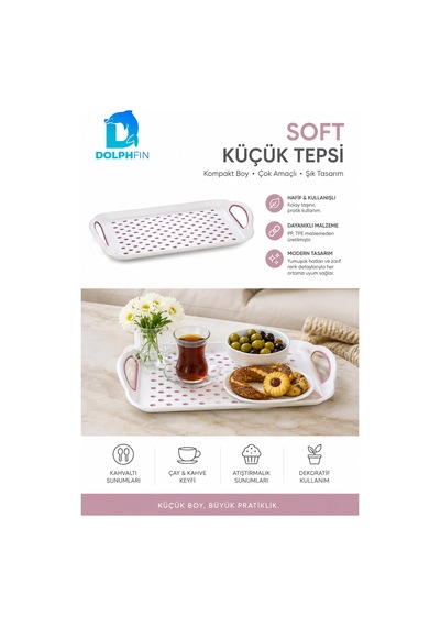 Soft Küçük Boy Kulplu Plastik Servis Tepsisi Nokta Desenli Beyaz Pudra Bpa İçermez Karışık Renk Gönderimi