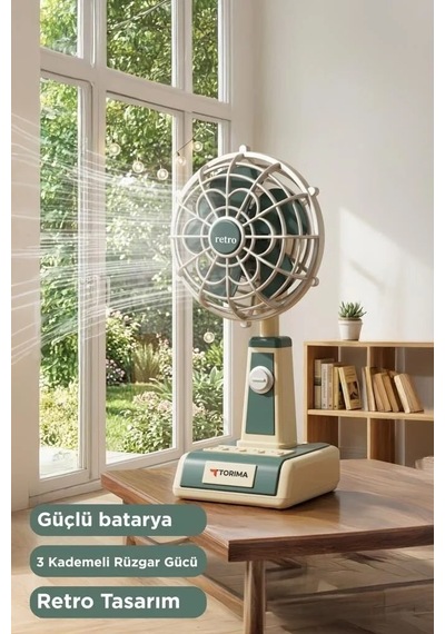 Ofis Fanı Çalışma Alanı Hava Akımı Vantilatör Retro Tasarımlı Masaüstü Mini Usb Şarjlı Fan F49 Yeşil